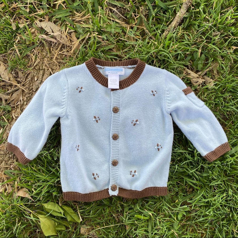 Janie and Jack Light Blue Cardigan with Brown Trim